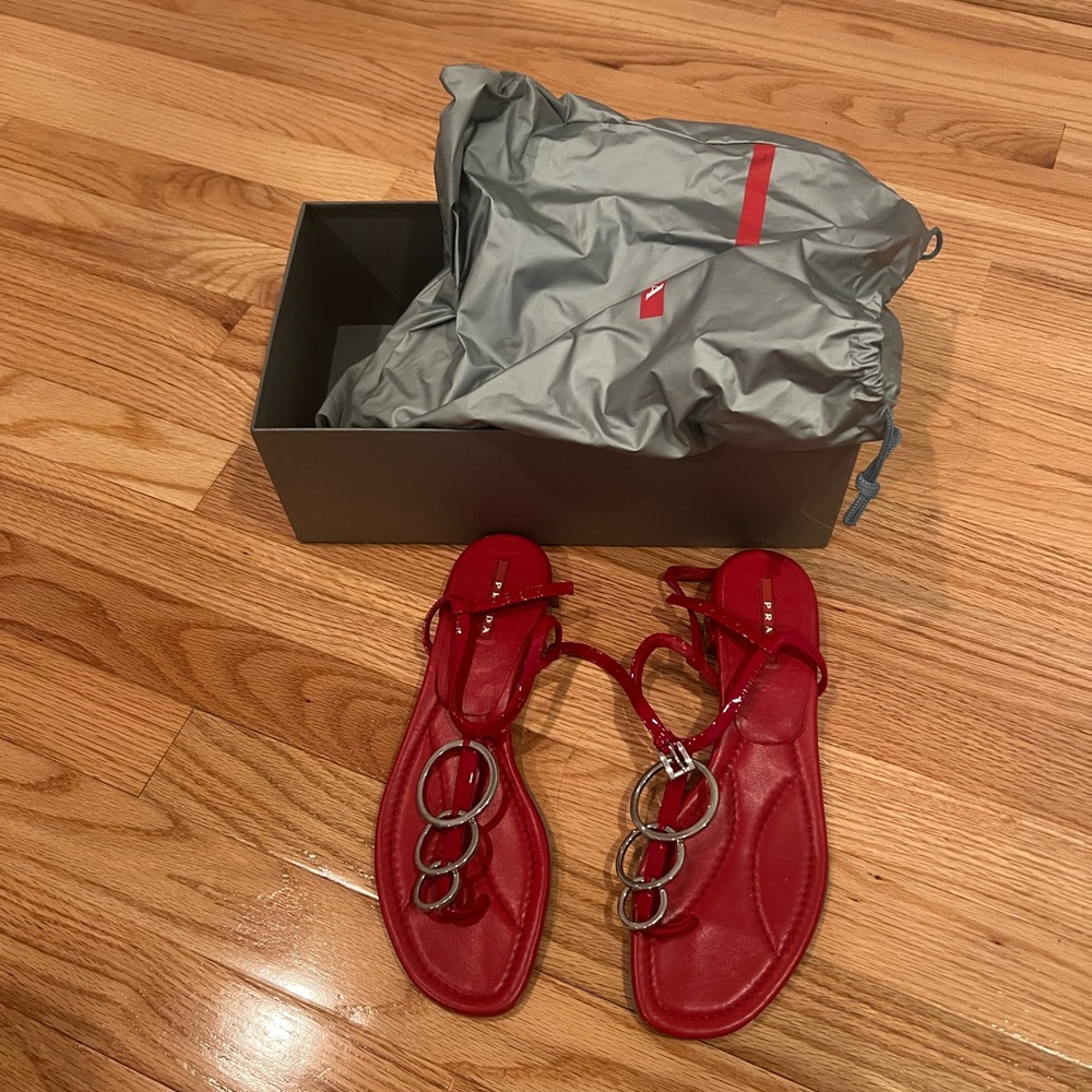 Red Strappy Sandals with Silver Accents